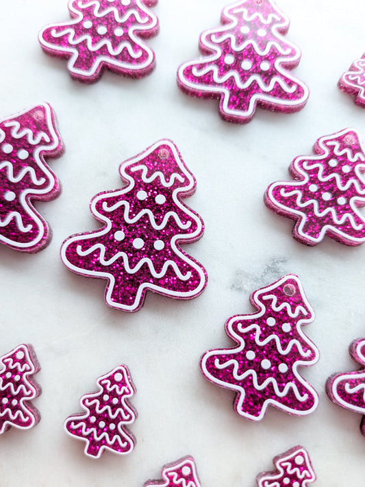 Printed White Line Christmas Tree on Bright Pink Glitter Acrylic - Various Sizes - 1pair (2pcs)