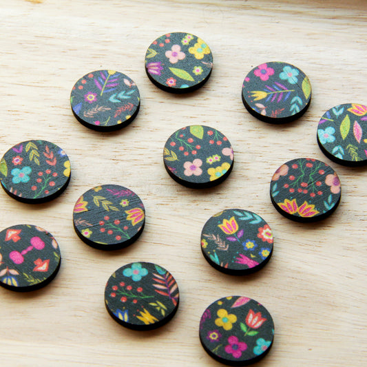 Wood - 20mm Circle- Studs - Transparent print - Mexican Floral - 01