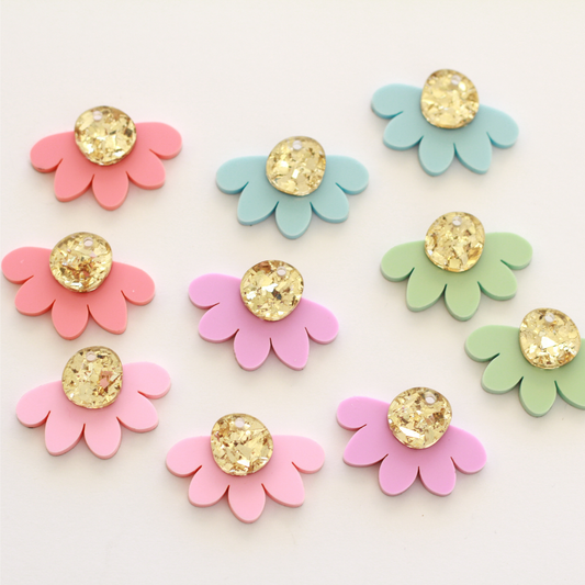 Acrylic Shape Dangle Pack - Gold Crystal Tops Organic Half Flower Dangles  [5 pairs]