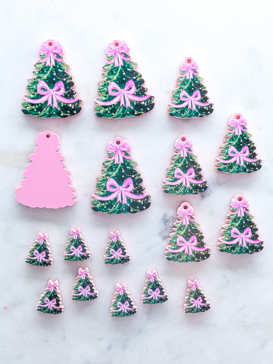 Pink Bow Christmas Tree on Pastel Pink Acrylic - Various Sizes - 1pair (2pcs)