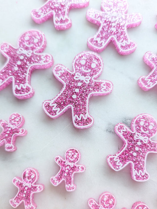 Printed White Line Gingerbread Man on Pink Glitter Acrylic - Various Sizes - 1pair (2pcs)
