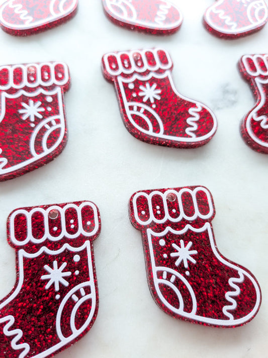 Printed White Line Stocking on Red Glitter Acrylic - Various Sizes - 1pair (2pcs)