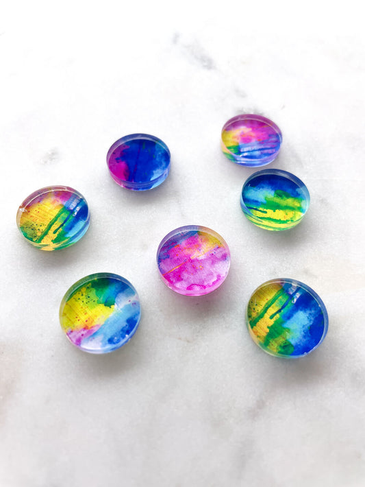 UV printed clear acrylic earring studs - 1.5cm circle, Neon Splash - jewellery making