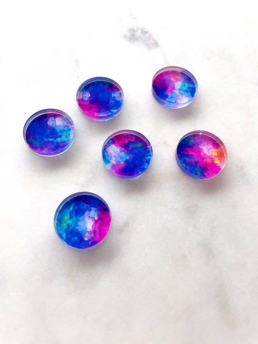 UV printed clear acrylic earring studs - 1.5cm circle, Neon Splash - jewellery making