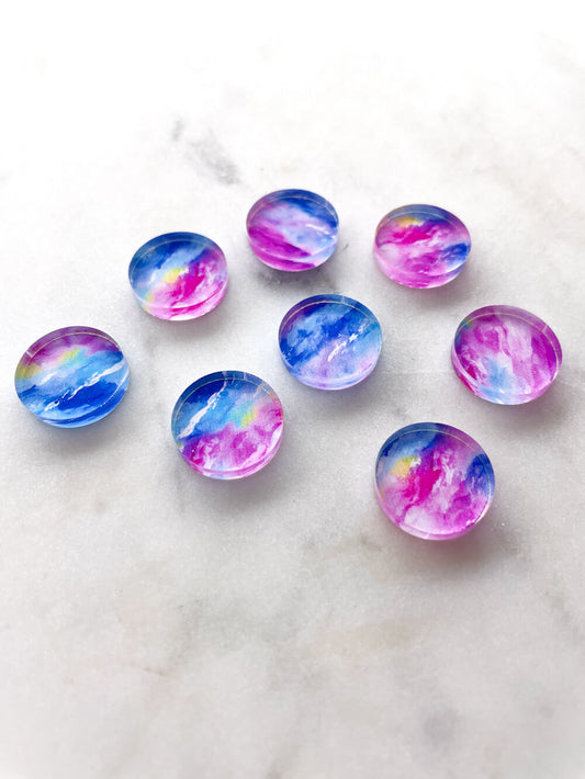 UV printed clear acrylic earring studs - 1.5cm circle, Neon Splash - jewellery making