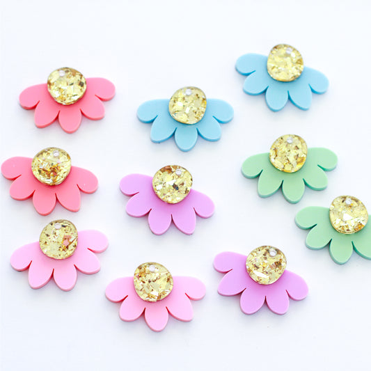 Acrylic Shape Dangle Pack - Gold Crystal Tops Organic Half Flower Dangles  [5 pairs] - UPDATED COLOURS