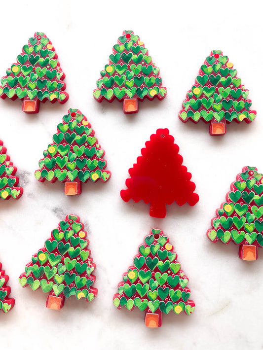 Love heart Christmas Tree on Red Acrylic - Various Sizes - 1 pair(2pcs)
