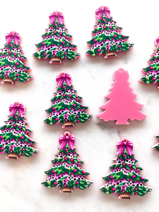 Leopard Christmas Tree on Pink Acrylic - Various Sizes - 1 pair(2pcs)