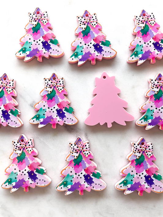 Watercolour Christmas Tree 6 on Baby Pink Acrylic - Various Sizes - 1 pair(2pcs)