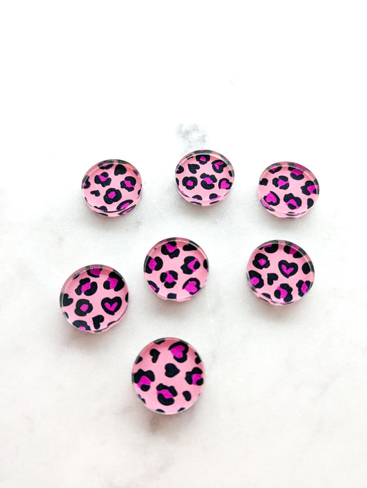 UV printed clear acrylic earring studs - 1.5cm circle, Heart Leopard - jewellery making