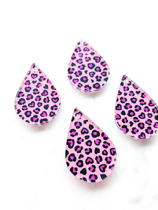 UV printed clear acrylic earring blanks - 4cm teardrop, Heart Leopard - jewellery making