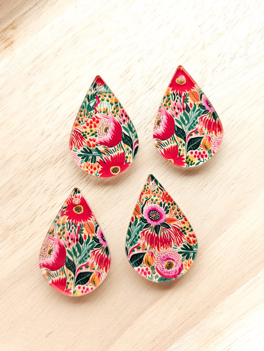 UV printed clear acrylic earring blanks - 4cm teardrop, Bold Floral - jewellery making