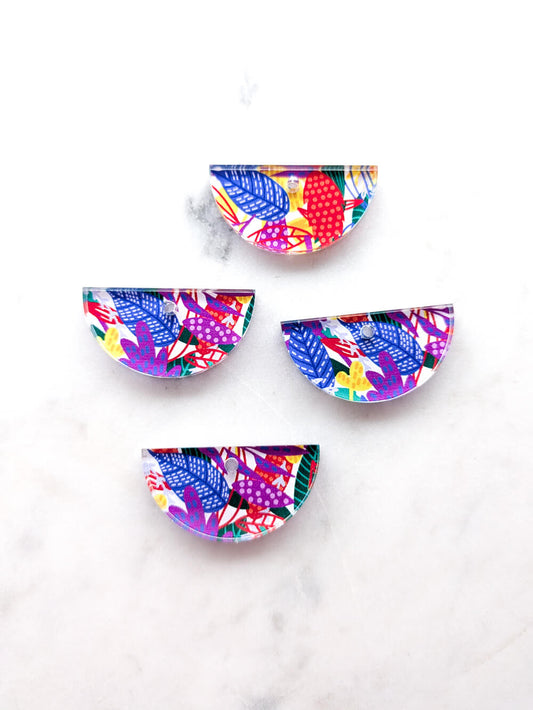 UV printed clear acrylic earring blanks - 3cm semi circle, Abstract Floral - jewellery making