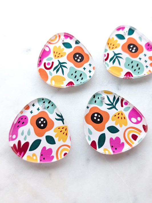 UV printed clear acrylic earring blanks - 3cm pebble, Abstract Floral - jewellery making