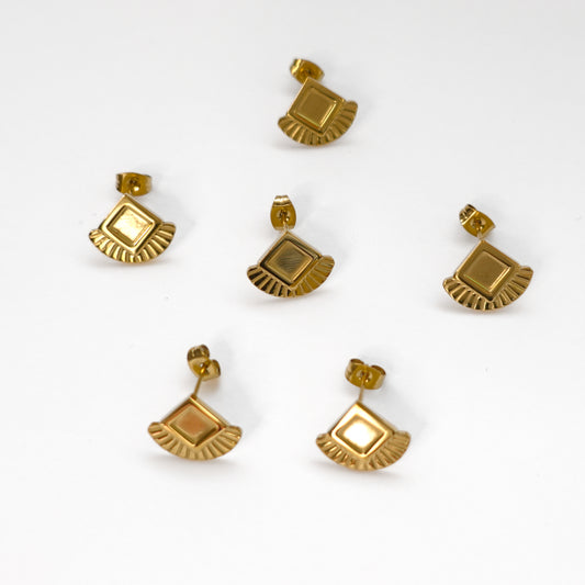 Art Deco Polymer Clay Bezel Stud Earrings – Gold – Stainless Steel (304) – 6 pieces