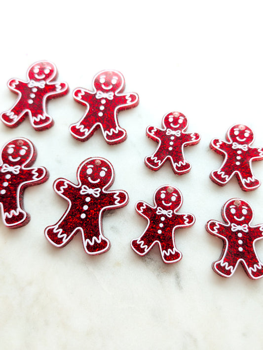 Printed White Line Gingerbread Man on Red Glitter Acrylic - Various Sizes - 1pair (2pcs)