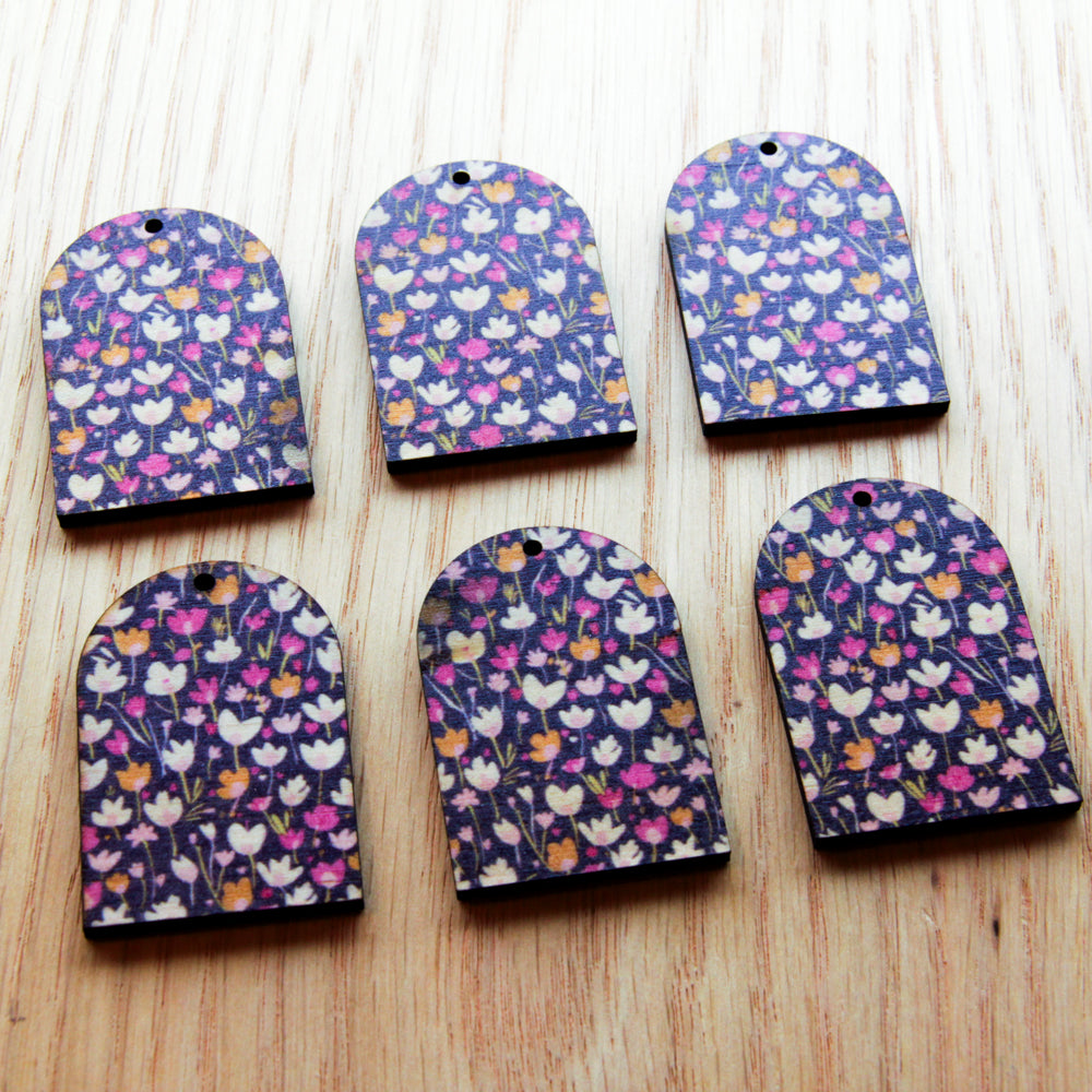 UV printed wood earring blanks - arch shape transparent print, Blossoming Days - jewellery making