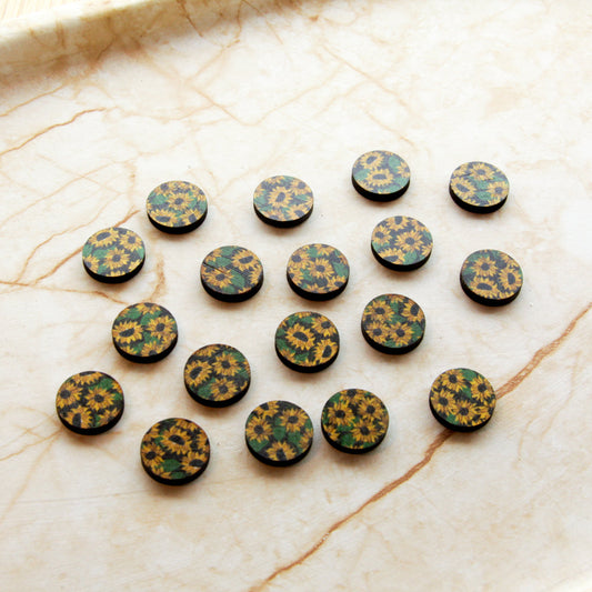 UV printed wood earring studs - 15mm circle transparent print, Sunflower - jewellery making