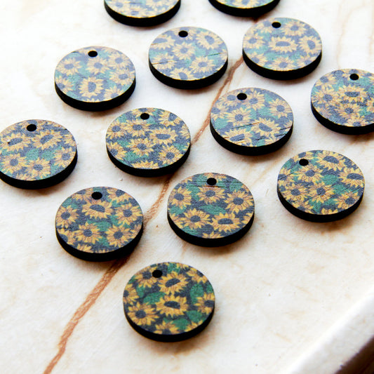 Wood - 20mm Circle- 1 Hole - Transparent print - Sunflower - 01
