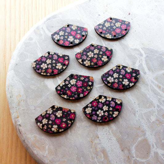 UV printed wood earring blanks - fan shape transparent print, Blossoming Days - jewellery making