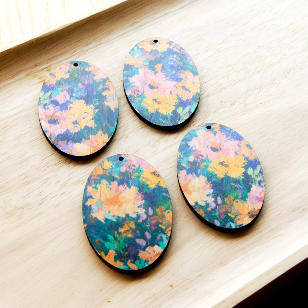 UV printed wood earring blanks - oval shape transparent print, Spring - jewellery making