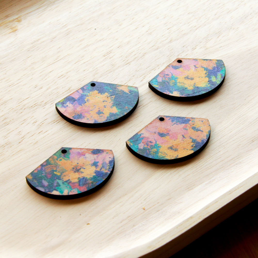 UV printed wood earring blanks - fan shape transparent print, Spring - jewellery making