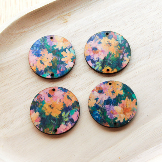 UV printed wood earring blanks - 4cm circle transparent print, Spring - jewellery making
