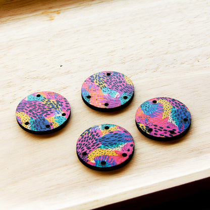 Wood - 3cm Circle - 4 hole - Natural print in Summer - 19