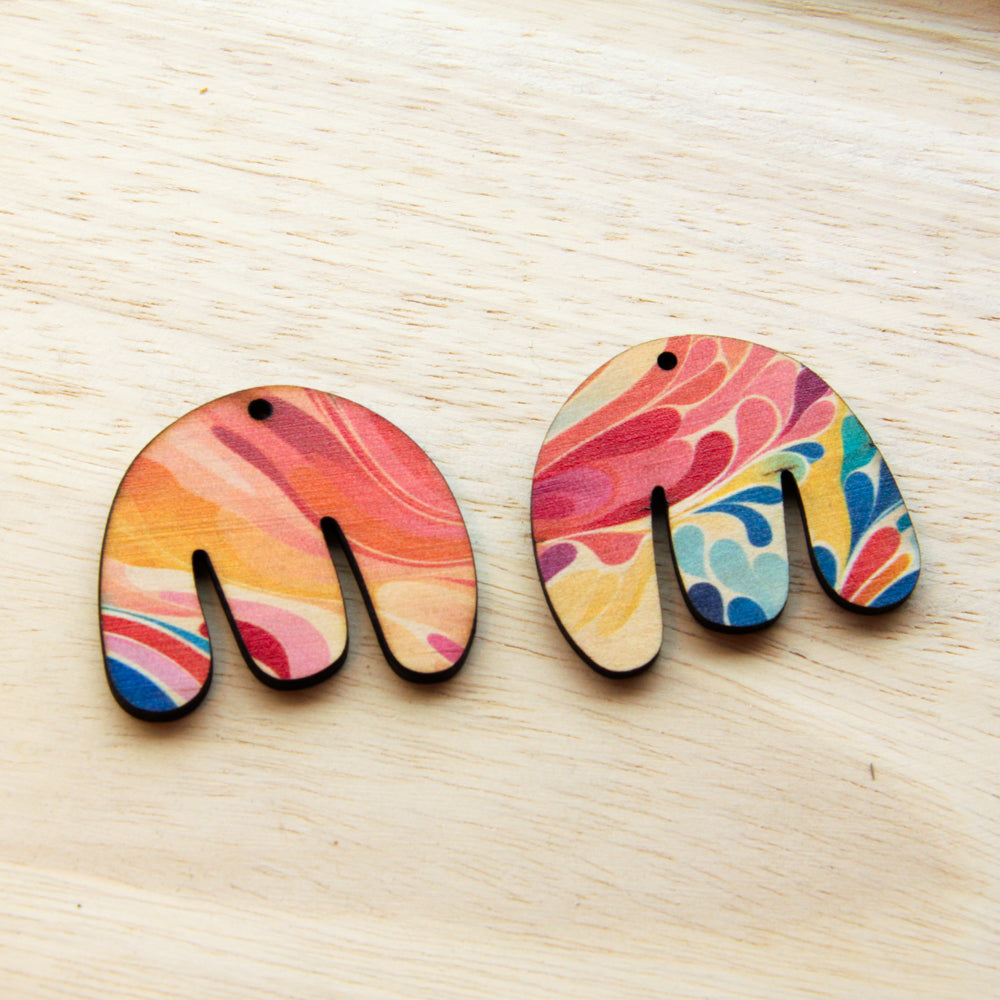 UV printed wood earring blanks - boho shape transparent print, Abstract Art - jewellery making