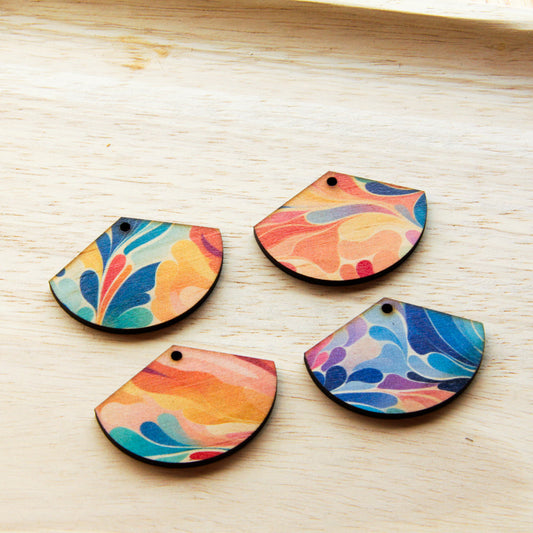 UV printed wood earring blanks - fan shape transparent print, Abstract Art - jewellery making
