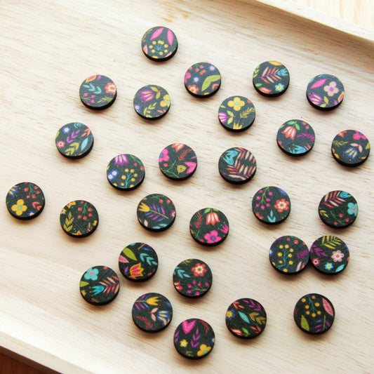 UV printed wood earring studs - 15mm circle transparent print, Mexican Floral - jewellery making