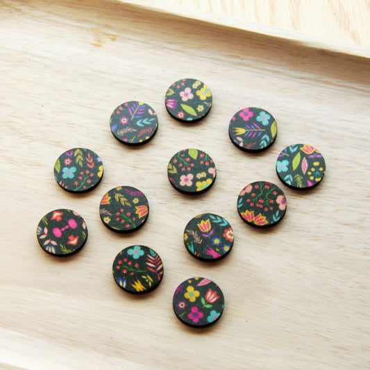 UV printed wood earring studs - 20mm circle transparent print, Mexican Floral - jewellery making