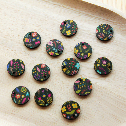 Wood - 20mm Circle- 1 Hole - Transparent print - Mexican Floral - 01