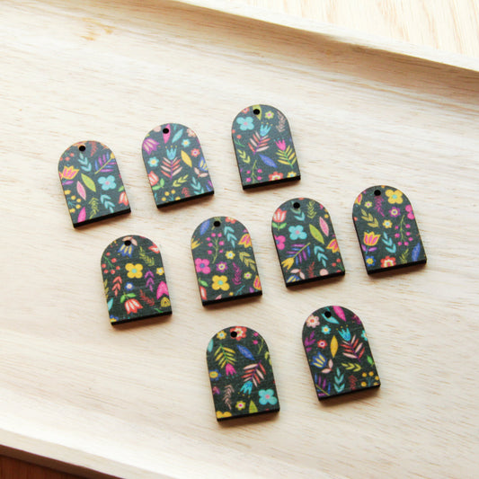 UV printed wood earring blanks - small arch transparent print, Mexican Floral - jewellery making