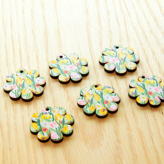 UV printed wood earring blanks - 3cm flower, Floral Garden - jewellery making