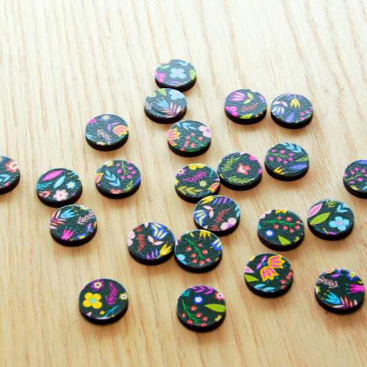 UV printed wood earring studs - 15mm circle, Mexican Floral - jewellery making