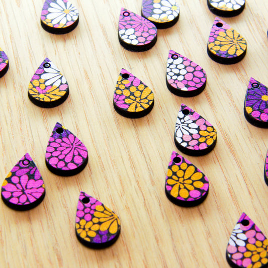 UV printed wood earring blanks - 2cm teardrop shape, Summer - jewellery making