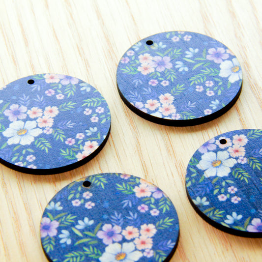 UV printed wood earring blanks - 4cm circle transparent print, Floral Garden - jewellery making