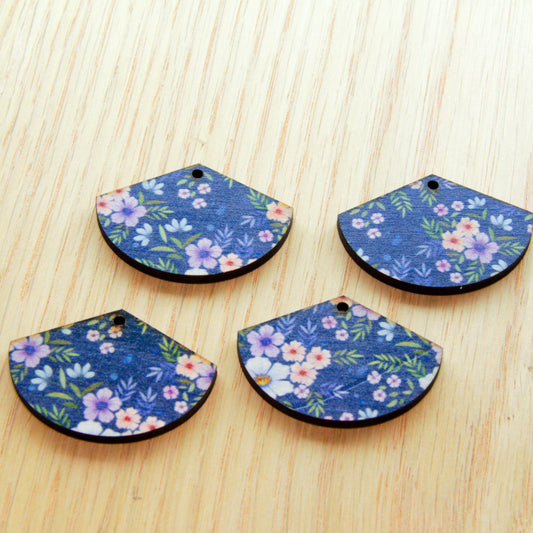 UV printed wood earring blanks - fan shape transparent print, Floral Garden - jewellery making