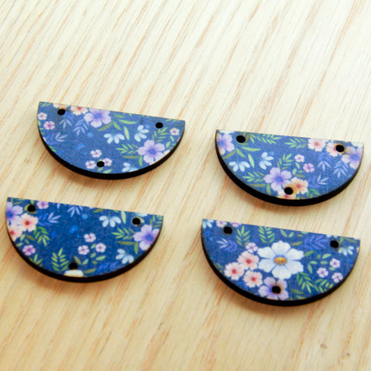 UV printed wood earring blanks - 4cm semi circle transparent print, Floral Garden - jewellery making