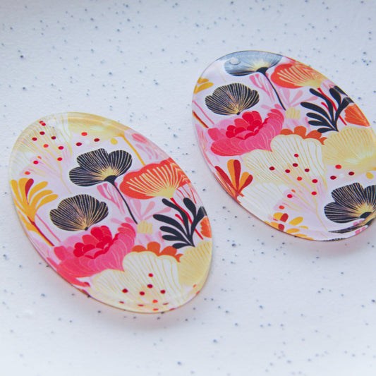Clear Acrylic - 6cm Oval - 1 Hole - Abstract Floral - 27