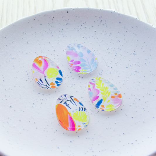 UV printed clear acrylic earring blanks - egg 3x2cm, Bold Floral - jewellery making