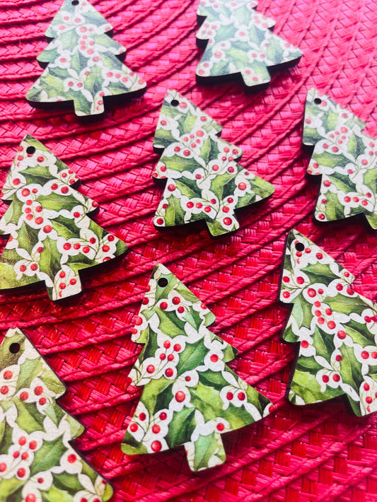 UV printed wood earring blanks - 4cm tree, Christmas - jewellery making