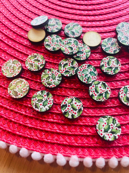 UV printed wood earring studs - 15mm circle, Christmas - jewellery making