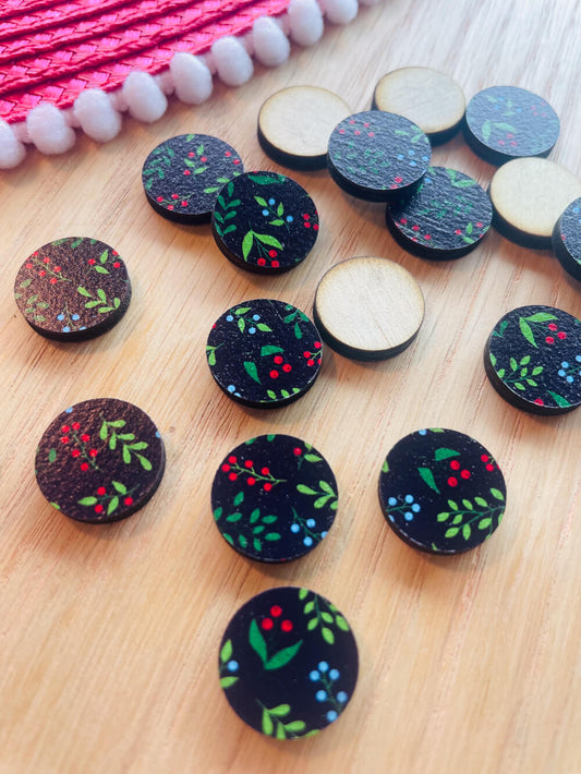 UV printed wood earring studs - 15mm circle, Christmas - jewellery making