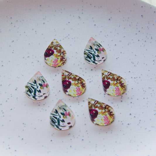 UV printed clear acrylic earring blanks - 2cm teardrop, Floral Garden - jewellery making