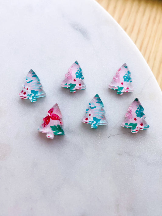 UV printed clear acrylic earring studs - 1.5cm tree, Christmas - jewellery making