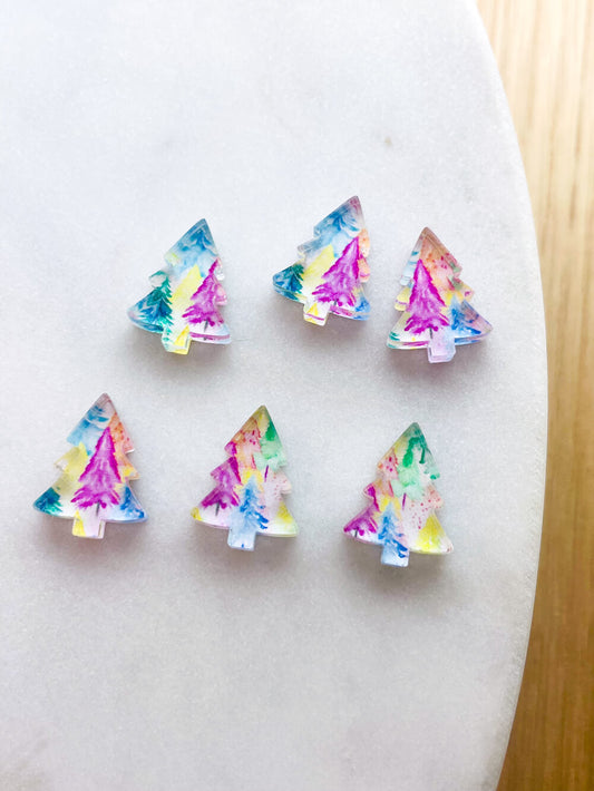 UV printed clear acrylic earring studs - 1.5cm tree, Christmas - jewellery making