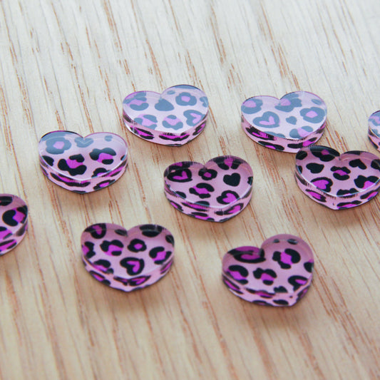 UV printed clear acrylic earring studs - 1.5cm heart, Heart Leopard - jewellery making