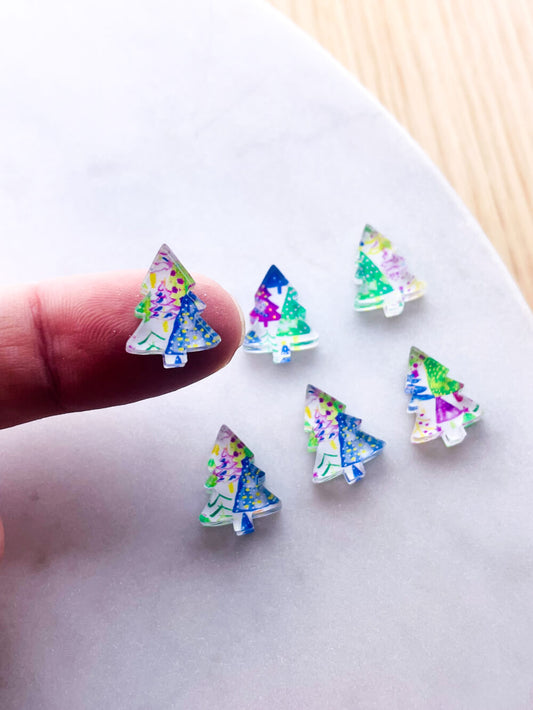 UV printed clear acrylic earring studs - 1.5cm tree, Christmas - jewellery making